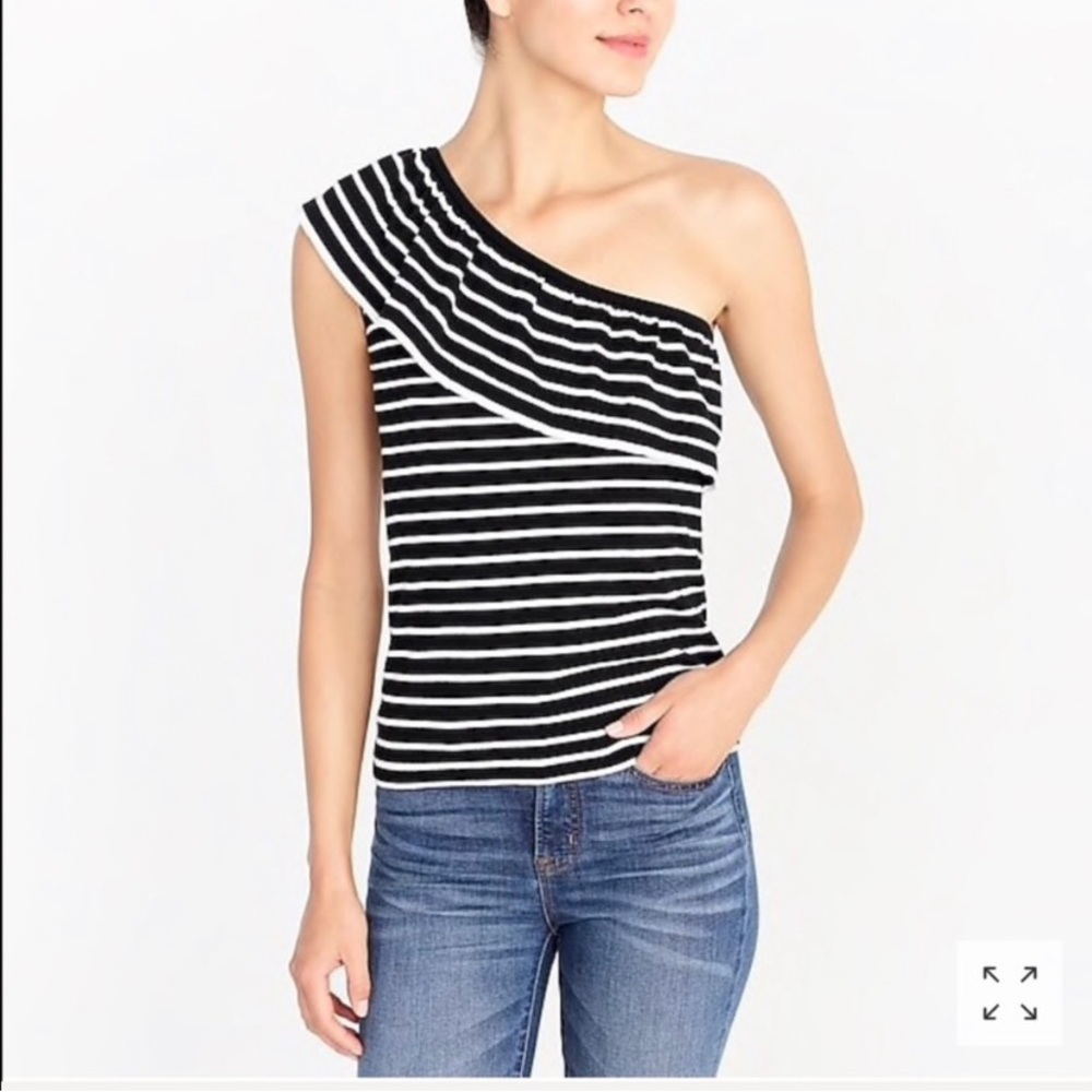 J. Crew Striped Navy Blue & White One-Shoulder Ruffle Top - Size XL